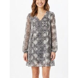 BCBGENERATION Small Geometric Print Tie Neck Shift Dress Sheer Sleeves Flowy